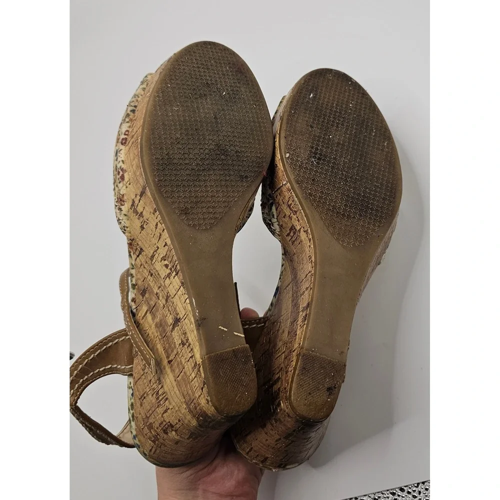 Tommy Hilfiger Floral Cork Wedge Sandals Brown Tan Bow Ankle Strap Peep Toe